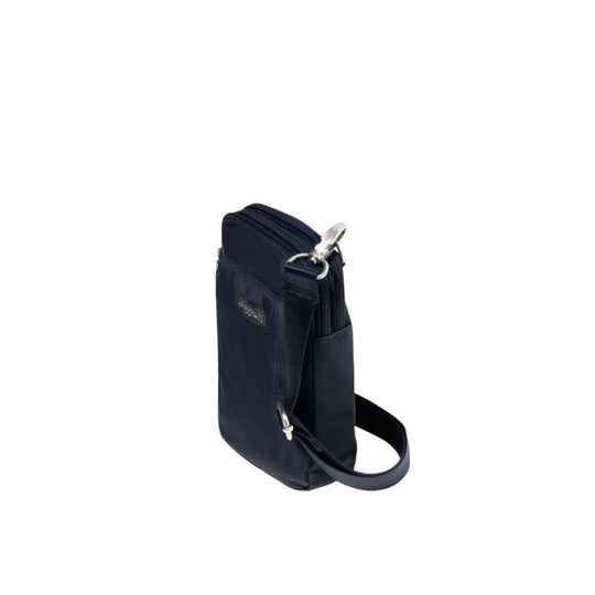 Navy small crossbody bag with top zipper, front pocket, and wrist strap