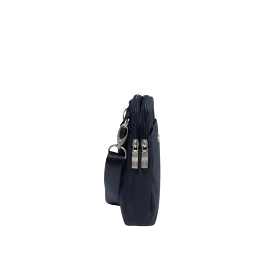 Navy crossbody bag shown in side view with dual zippers and an adjustable strap