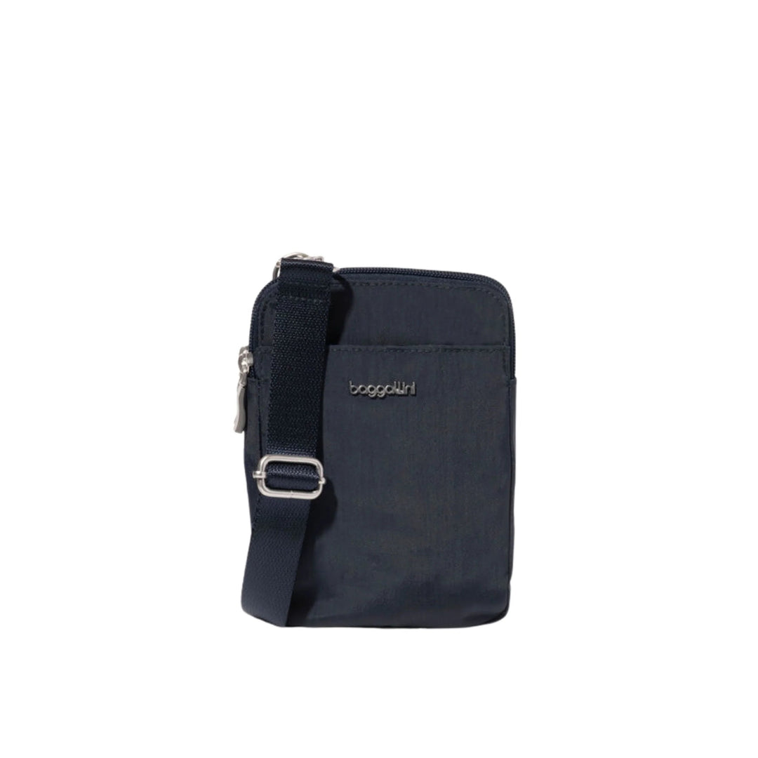 Dark zip-top crossbody bag with adjustable strap and front logo