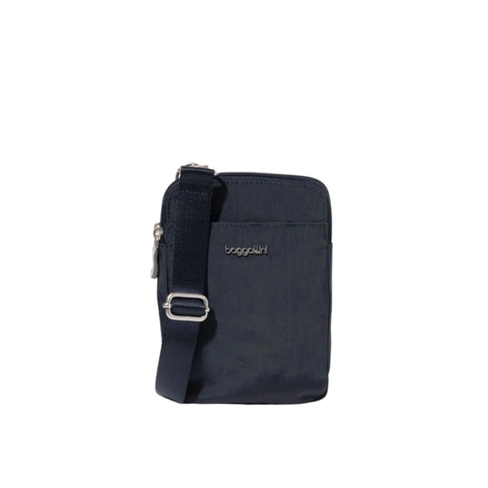 Dark zip-top crossbody bag with adjustable strap and front logo