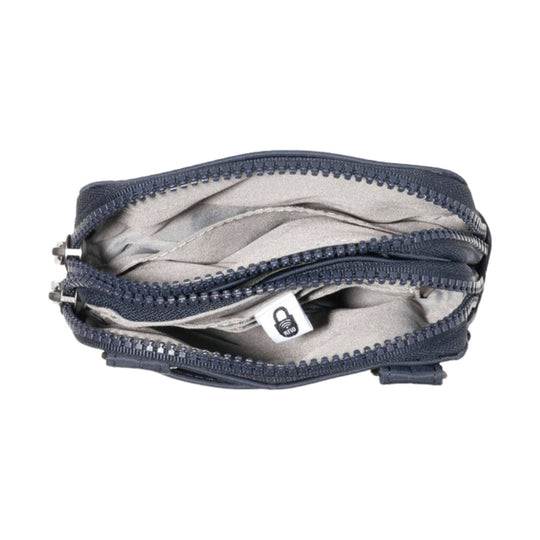 Open navy zippered crossbody pouch with light gray lining and RFID tag