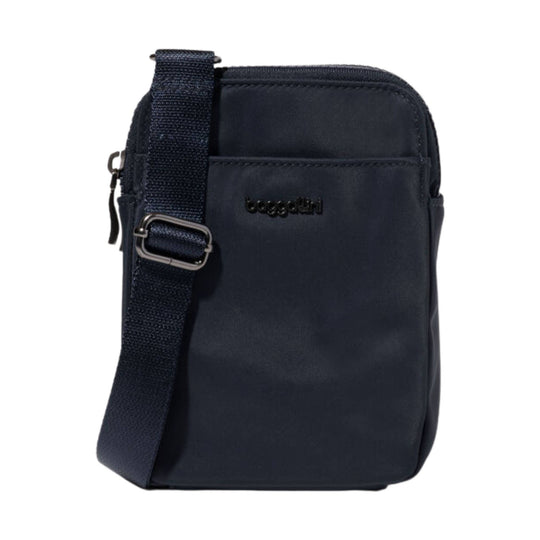 Navy crossbody bag with front logo, zippered main compartment, and adjustable strap