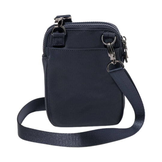 Navy crossbody bag with front pocket, zip closure, and adjustable shoulder strap