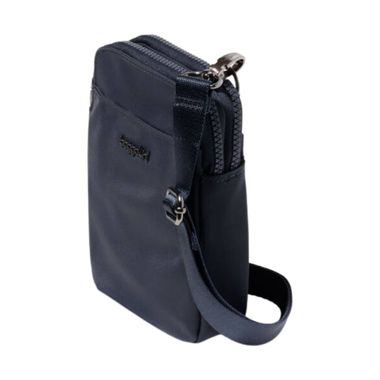 Navy crossbody bag with front zip pocket and adjustable strap