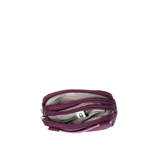 Small plum zippered crossbody pouch shown open