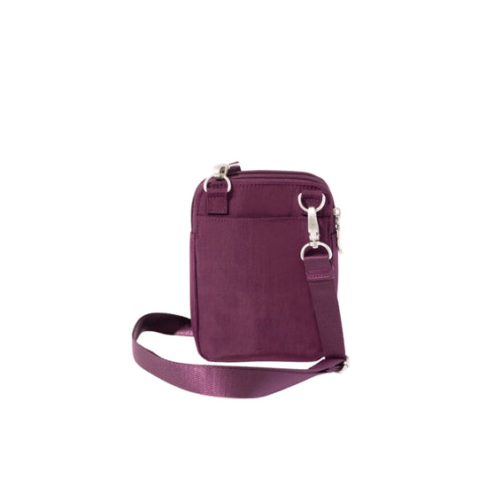 Plum crossbody bag with front pocket, silver hardware, and adjustable strap