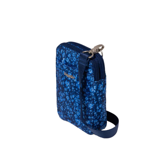 Blue floral crossbody pouch with front zip pocket and wrist strap