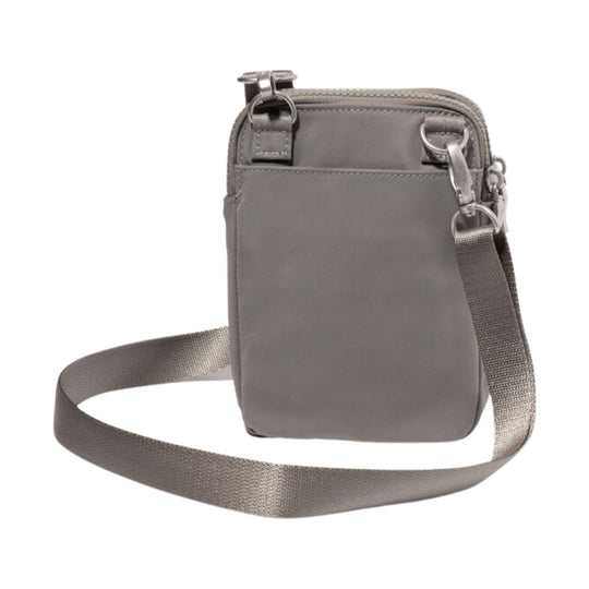 Gray small crossbody bag with front pocket, zipper top, and adjustable shoulder strap