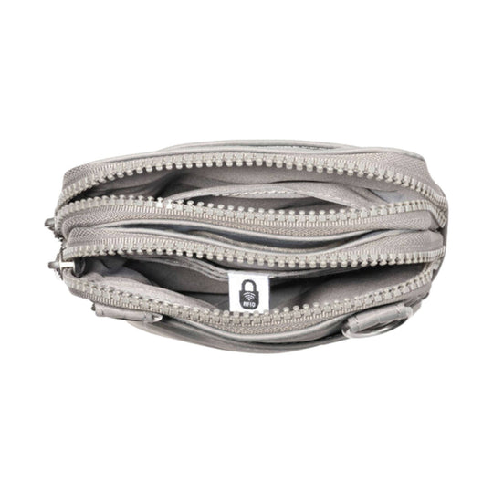 Light gray zippered crossbody bag with multiple compartments