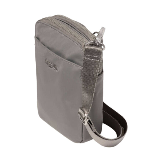 Small gray crossbody pouch with top zipper and wrist strap