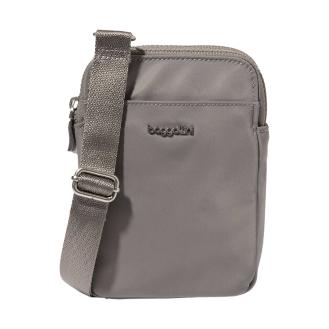 Gray small zippered crossbody bag with an adjustable strap and front logo
