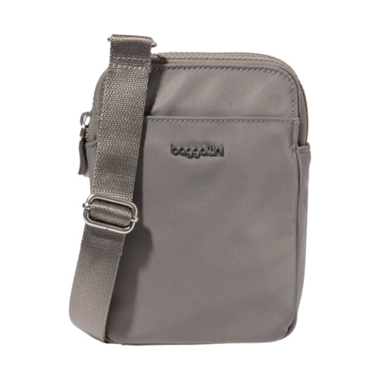 Gray small zippered crossbody bag with an adjustable strap and front logo
