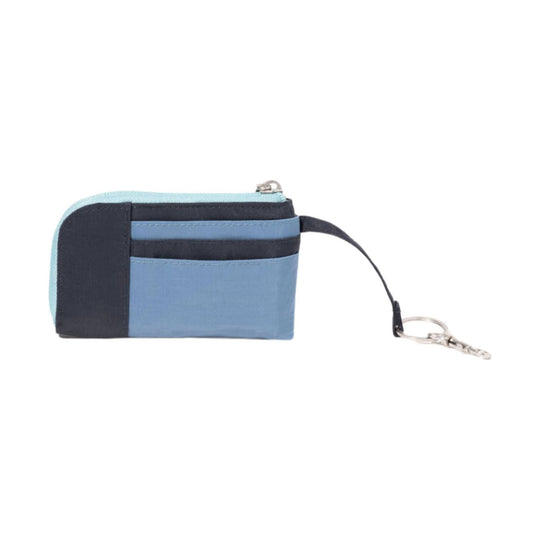 Blue and black zip card case with wrist strap and key clip