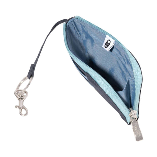 Open blue zippered card case with wrist strap and key clip