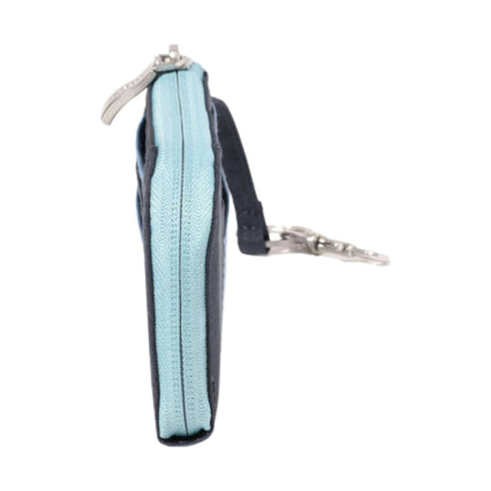 Slim zip card case with light blue front panel, dark navy sides, and metal clip attachments