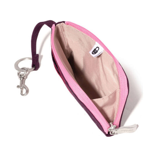Pink and plum zip card case with silver keyring and clip, shown open with a beige interior