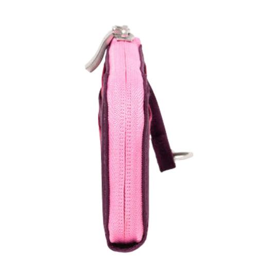 Pink zip card case with dark trim and a wrist strap, shown in side view