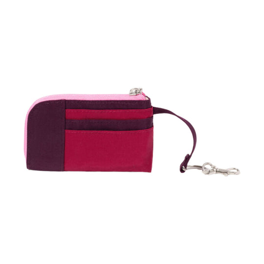 Small zip card case in pink and dark plum with a wrist strap and metal clip