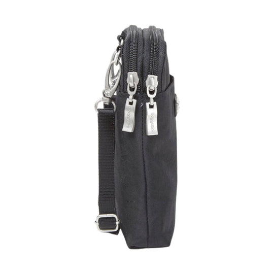 Black slim crossbody bag with two front zippered compartments, silver hardware, and an adjustable shoulder strap
