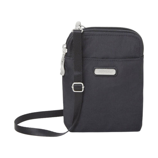 Black crossbody bag with front zip pocket, adjustable strap, and silver logo plaque