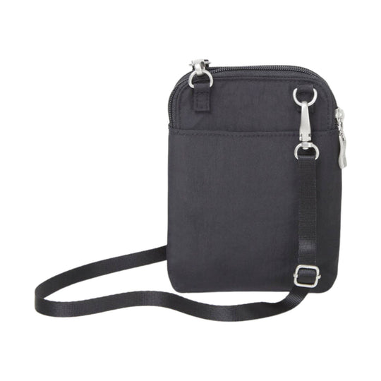 Black small crossbody bag with zip top, front pocket, and adjustable strap