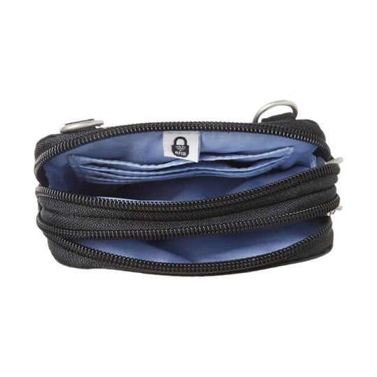 Black zippered crossbody pouch with blue interior lining and metal ring hardware, shown open
