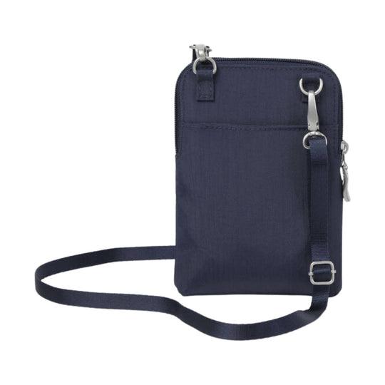 Navy crossbody bag with front pocket, zipper closure, and adjustable shoulder strap