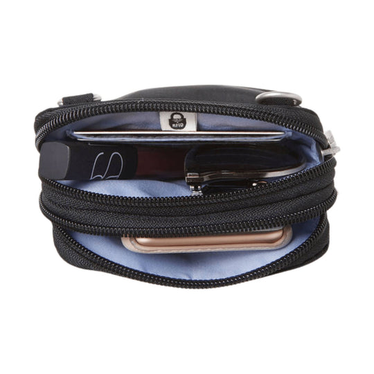 Black zippered crossbody bag with light blue lining, RFID tag, and a wallet, phone, and glasses inside