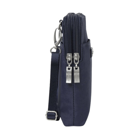 Navy crossbody bag with dual front zippers, adjustable strap, and silver hardware