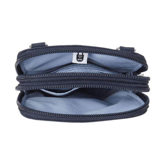 Open navy zippered crossbody bag with light blue lining and RFID tag