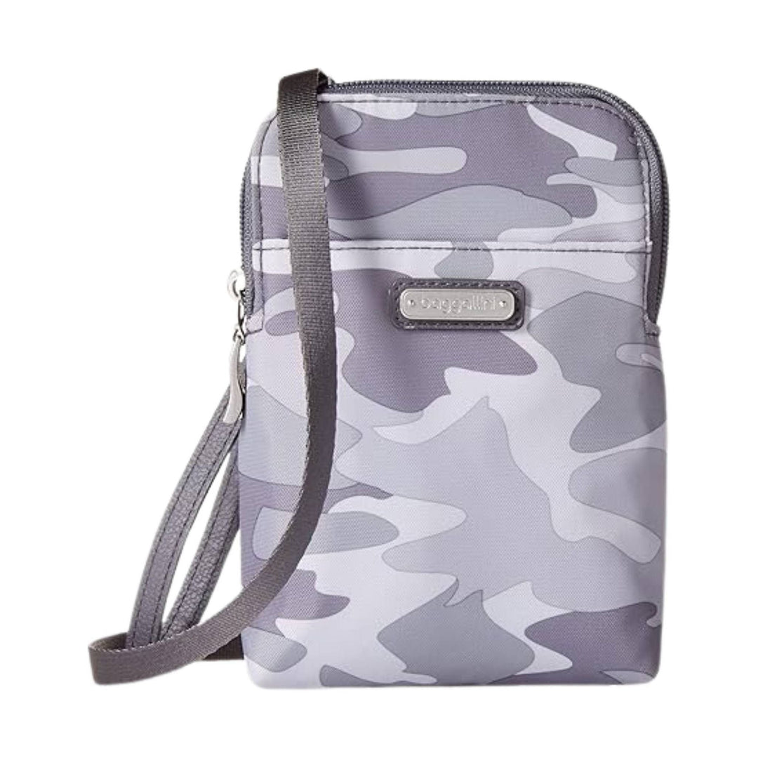 Grey camouflage crossbody bag with front zip pocket, logo patch, and adjustable strap