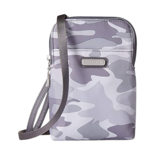 Grey camouflage crossbody bag with front zip pocket, logo patch, and adjustable strap