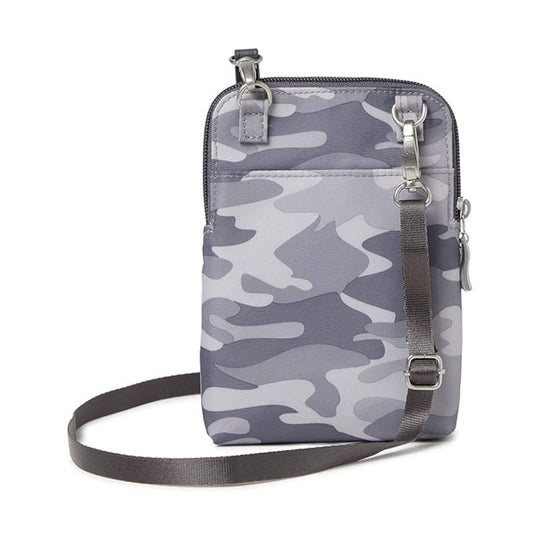 Gray camouflage crossbody pouch with front zipper pocket and adjustable shoulder strap
