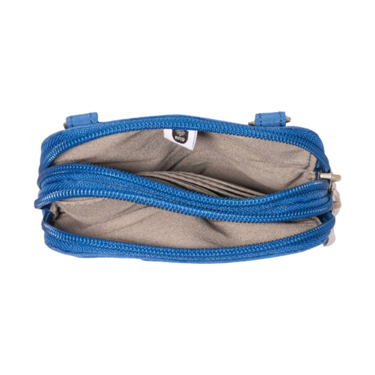 Blue zippered crossbody bag open to a gray interior with RFID tag visible