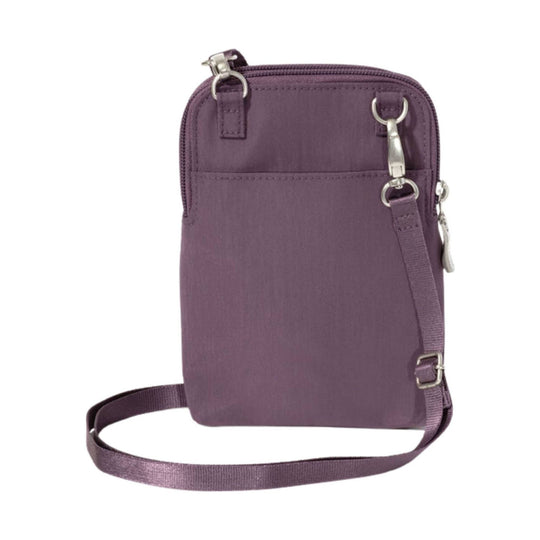 Purple zip-top crossbody bag with adjustable strap and silver hardware