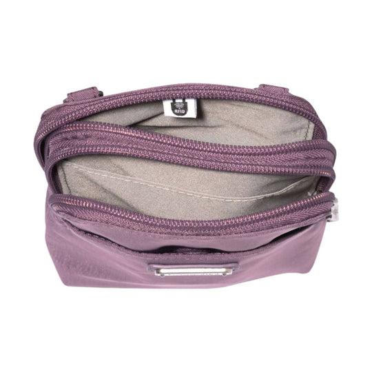 Purple zippered crossbody bag with front pocket and RFID tag