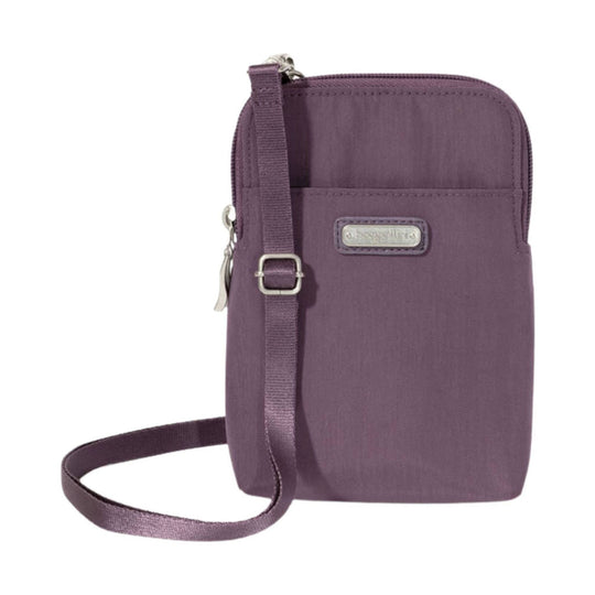 Purple small crossbody bag with front pocket, zipper top, and adjustable strap
