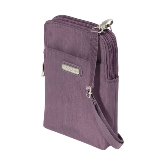 Purple nylon crossbody wallet with front zip pocket and adjustable strap