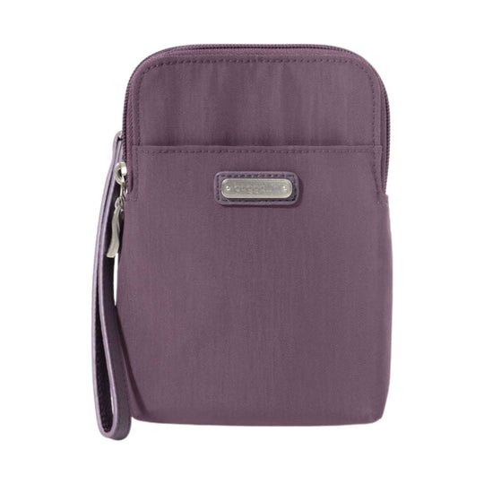 Purple nylon wristlet pouch with front slip pocket, top zipper, and wrist strap