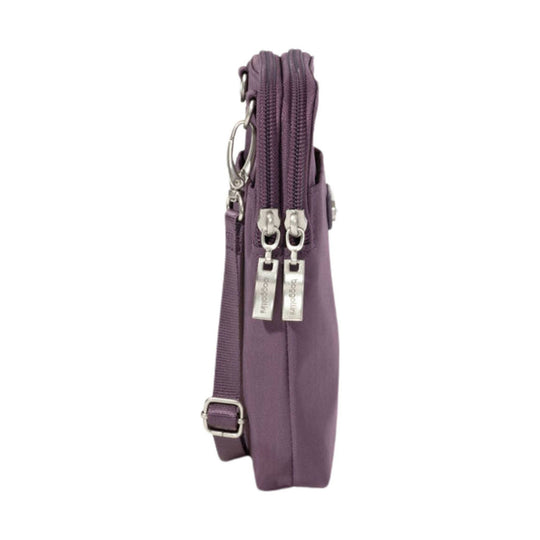 Slim purple crossbody bag shown in side view with two front zippers, silver hardware, and an adjustable strap