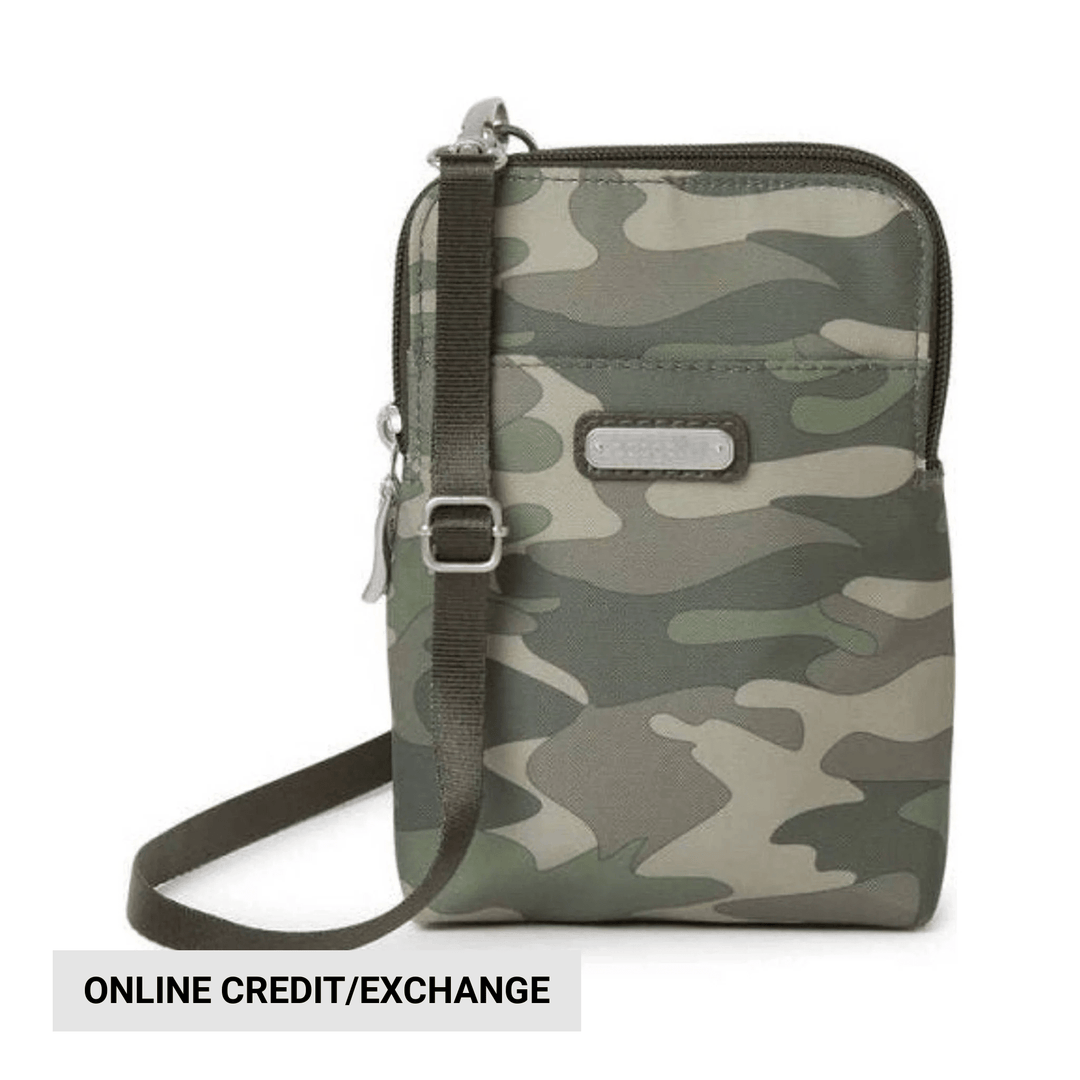 Camouflage crossbody wallet with a zip-around closure, adjustable strap, and front pocket
