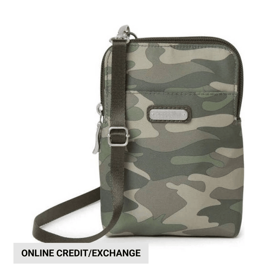 Camouflage crossbody wallet with a zip-around closure, adjustable strap, and front pocket