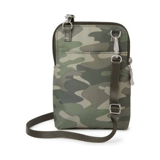 Camouflage crossbody pouch with zipper top, front strap, and adjustable shoulder strap