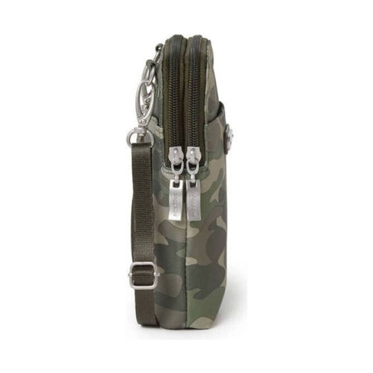 Camouflage crossbody pouch with two front zippers and an adjustable shoulder strap