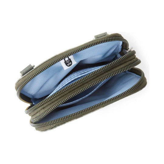 Open olive zippered crossbody pouch with light blue lining and RFID label