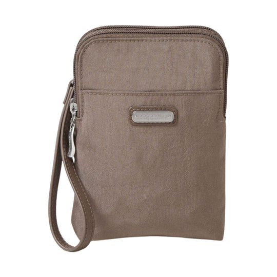 Brown wristlet crossbody pouch with front zip pocket and wrist strap