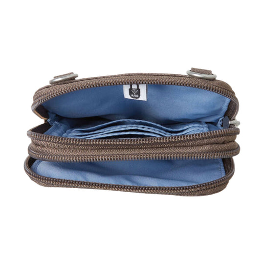 Brown zippered crossbody wallet with blue lining and RFID tag