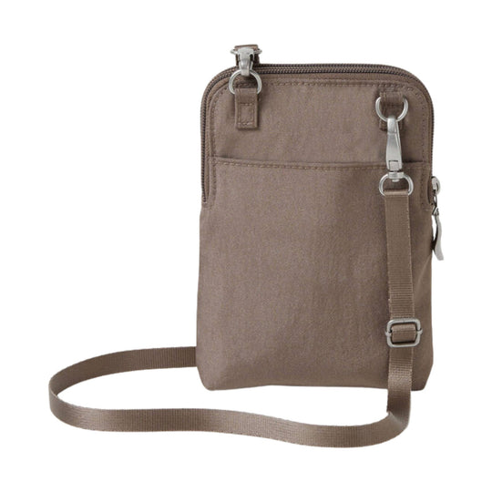 Brown canvas crossbody pouch with front pocket, zipper top, and adjustable strap