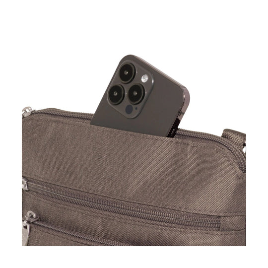 Brown crossbody bag with a front zip pocket and an open top showing a smartphone