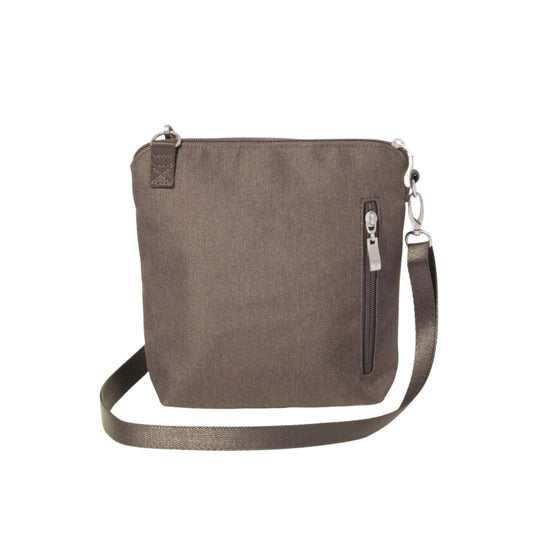 Brown crossbody bag with top zipper, front zipper pocket, and adjustable strap